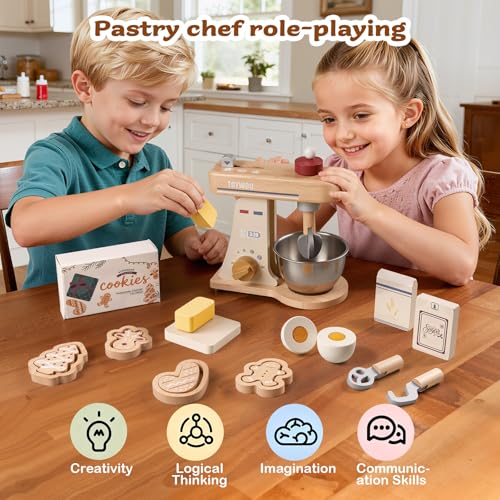 Kids Play Kitchen Toddler Playset with Play Food and Wooden Toy Mixer Montessori Accessories Pretend Cooking Gift for Boys Girls Age 3 4 5 6 7 - Image 6