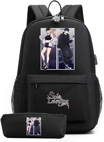 Girls Boys Anime Solo Leveling Casual Schoolbags and pencil case 2 Pcs Set,Anti Theft Travel Backpack Lightweight School Daypacks for Teens Students Black