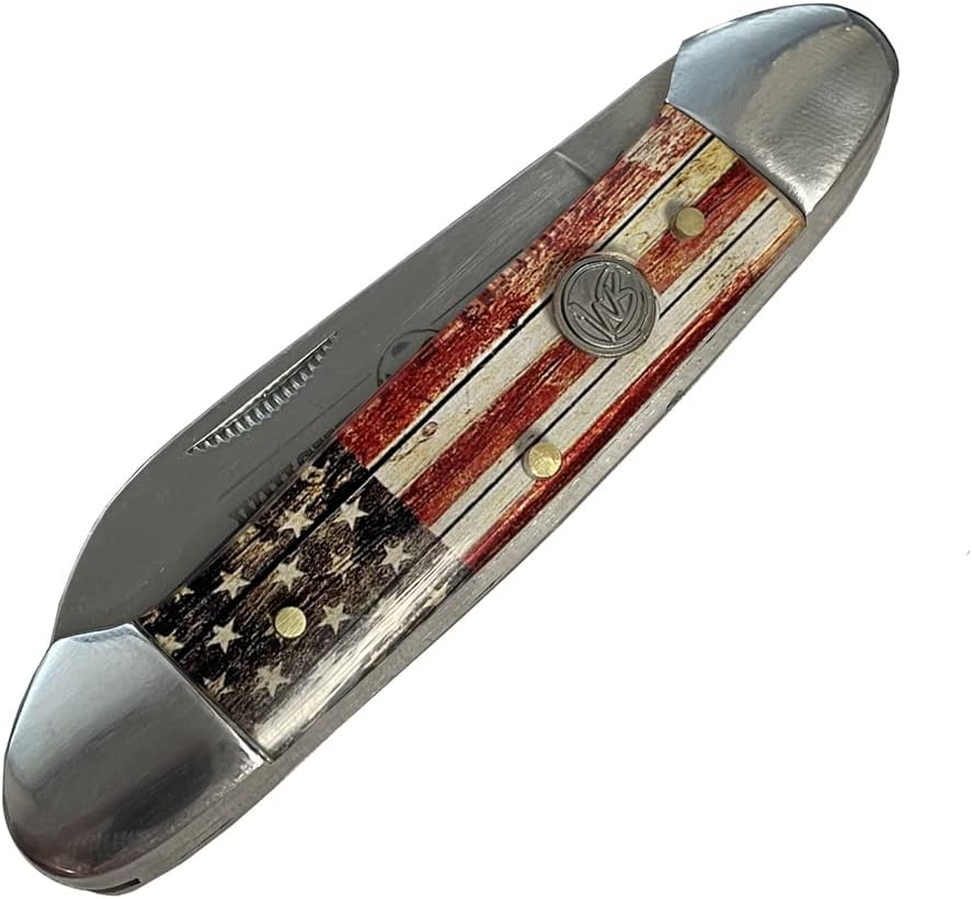 WHISKEY BENT HAT CO. Traditional Canoe Folding Camping Knife 3.63" Closed Length 440C Stainless Steel Blades (Patriot)