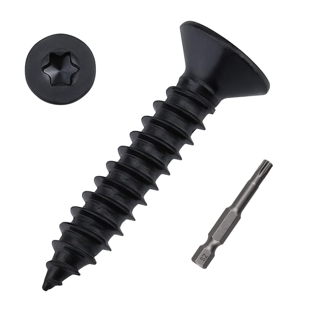 #4 x 1 Flat Torx Head Sheet Metal Screws 100-pack, 304 Stainless Steel 18-8, Black Coated Countersunk Head Self Tapping Wood Screws, Torx Bit Included