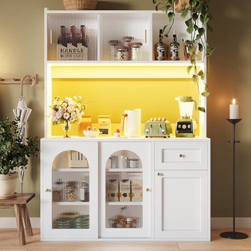 Merax Armadietto da cucina con piano di lavoro, credenza 120 larga, alto buffet, armadio a buffet con illuminazione a LED, credenza cucina con cassetti e ante in vetro, bianco, 120 x 35 x 167 cm