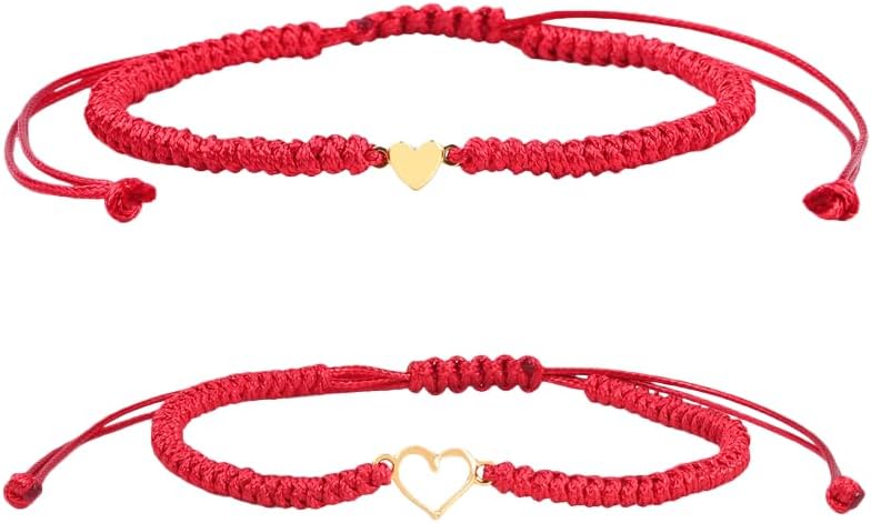 Pingyongchang 2pcs Love Heart String Bracelets Sweet Heart Matching Adjustable Braided String Bracelet Pink Black Red Mother's Day Birthday Gifts for Mother Daughter Son