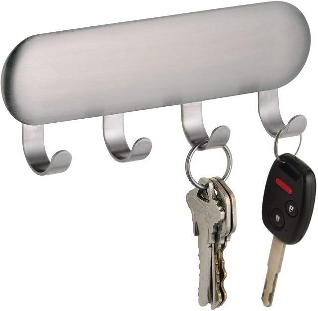 iDesign Coat Hooks with no Drilling, Small Stainless Steel Wall Hooks for Keys and Coats, Practical Stick-on Key Safe Rack, Matte Silver