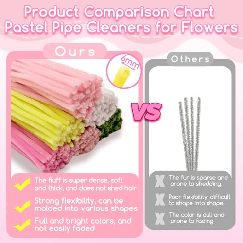 601PCS Complete Pink Pipe Cleaners Flower Kit–Pastel Pipe Cleaners for Flowers, DIY Craft Supplies for Projects, 6 Colors, with Floral Wires, Tape, Glue Sticks, Ribbon, Stamen, Manual & Video Tutorial - Image 3