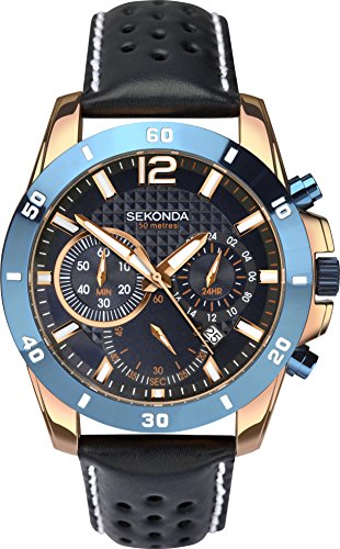 Image of Sekonda Solo Mens Watch – 44mm Sport Chronograph Watch for Men with Dark Blue Leather Strap, Date Window and Fixed Bezel – 50m Water Resistant – 2 Year Warranty