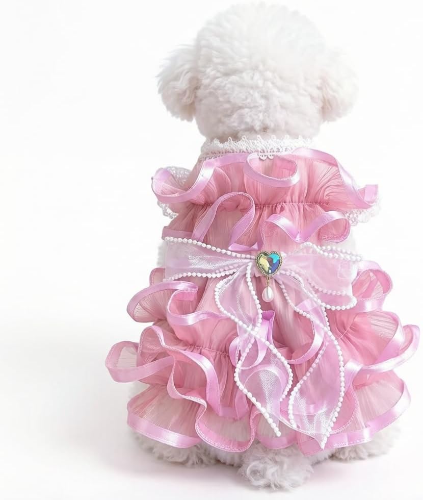 Pink Princess Pet Dress with Ruffles, Lace, Pearl Bow & Heart Charm, Elegant Costume for Small Dogs and Cats (Medium)