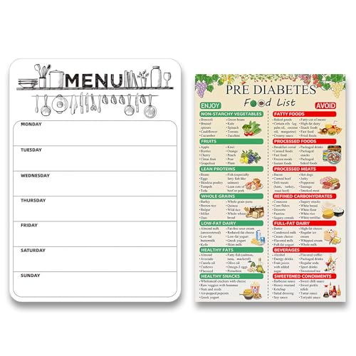 COWANIEE Magnetic Meal Planner for Fridge A4 +Diabetes Food List, Weekly Food Planner Board Family Set, Refrigerator Menu Board for Kitchen Office