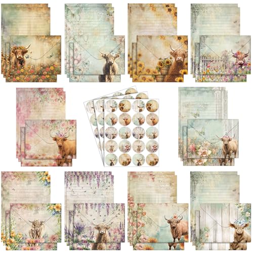 Image of TaoBary 160 Pcs Floral Highland Cow Stationery Paper and Envelopes Set