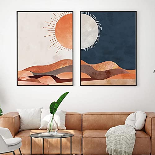 Art sur toile Boho abstrait avec soleil et lune | Affiches désert 50x70cm sans cadre x2