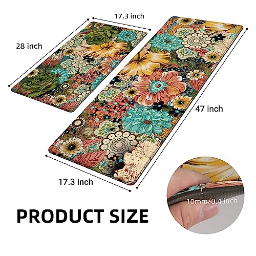Boho Floral Kitchen Rug Set Of 2 Colorful Flowers Anti Fatigue Non-Slip Kitchen Floor Mats Comfort Standing Bohemian Mat Waterproof Farmhouse Sink Laundry Pvc Carpet(17.3 X 28 Inch+17.3 X 47 Inch) #TOP5