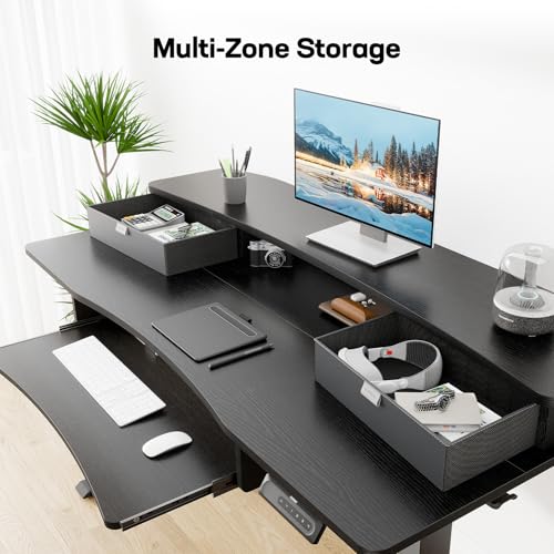 Image of HUANUO 48 inch x 26 inch Electric Standing Desk with 2 Drawers & 26.7 inch Large Keyboard Tray, C-Clamp Mount Compatible, Adjustable Computer Desk for Home Office, Stand Up Desk with 4 Height Presets, Black