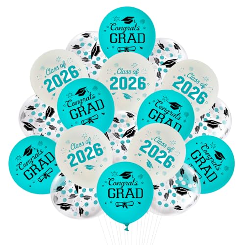 JOYMEMO 36 Pieces 12 Inches Graduation Party Latex Balloons Teal White, Class of 2026 Congrats Grad Balloons Decorations for Graduation Party Supplies Indoor Outdoor