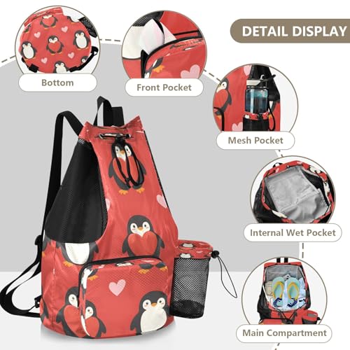 Mesh Gym Swimming Bags for Men & Women, Cute Penguins Hearts Pattern Large Drawstring Backpack with Dry-Wet Pocket, Lightweight Gym Bag for Sports, Travel, Beach, Workout Gear4