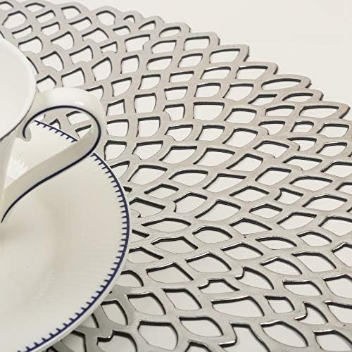 Famibay PVC Placemats Set of 6 Washable Placemats Silver Hollow Round Table mats for Dining Table