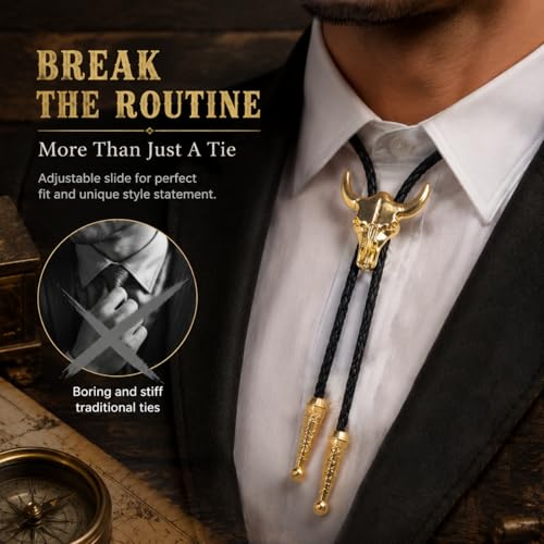 Image of Cowboy Bolo Tie for Men, Vintage Cow Skull Bolo Tie Necklace Native American Necktie for Men Women