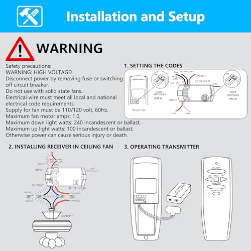 Universal Ceiling Fan Remote Control Kit with Up Down Light Controls Replacement for Hampton Bay Hunter Harbor Breeze,w/Receiver Dimmer 3-Speed,Replace for UC7078T CHQ7078T UC7083T CHQ7083T Fan-HD by CENMING - Used condition - Image 6