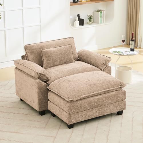 Image of Oprisen 53 inch Modular Sectional Sofa, Comfy Cloud Couch Sectional Sofa with Ottoman, Chenille Sofa Sleeper Deep Seat Sofa with Throw Pillows for Living Room (Khaki)