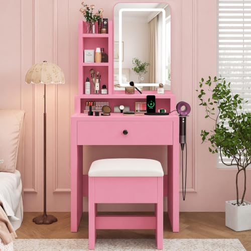 Image of Sweetcrispy Vanity Desk with LED Lights Mirror & Power Outlet