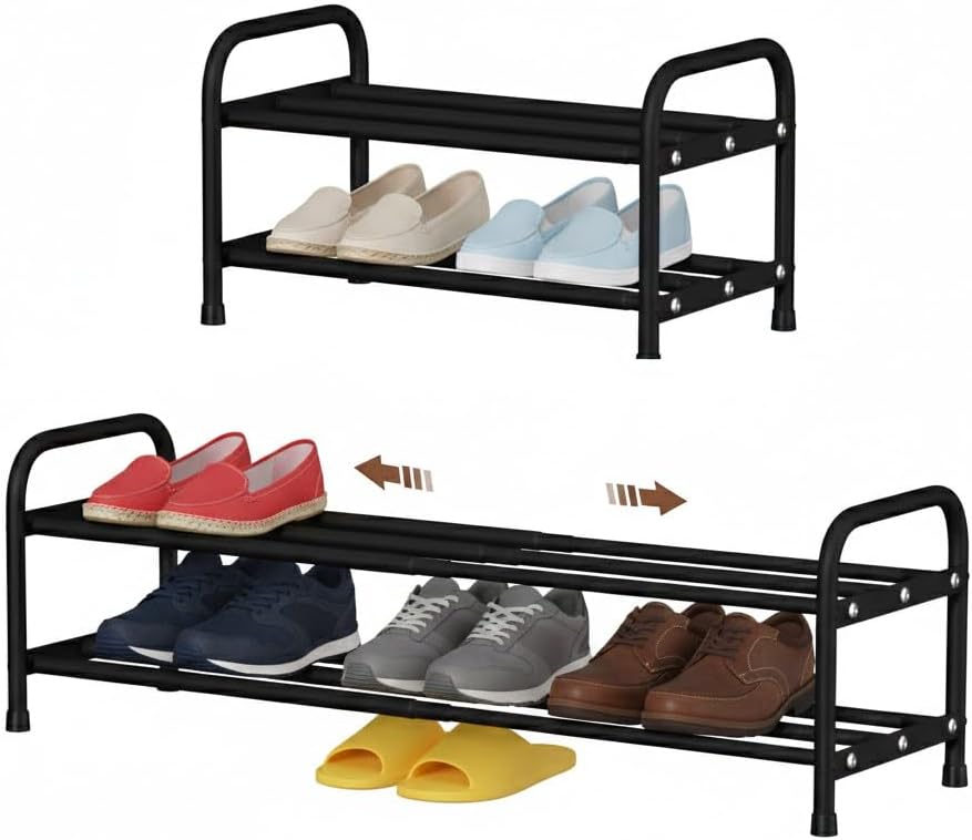 3-Tier Expandable Shoe Rack, 9.4" Ultra-Slim Metal Shoe Shelf for Entryway & Closet, 17.3"-31.5" Adjustable Length, Narrow Space-Saving Shoe Organizer for Dorm, Apartment