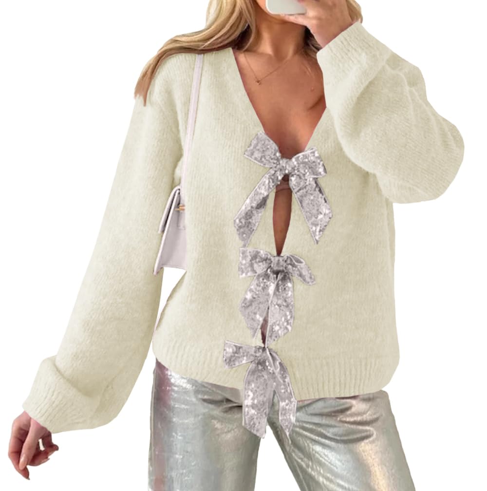 ZDC Womens Bow Sweater Cardigan Trendy Button Down Open Front Sweaters Sexy Knit Fall Coats