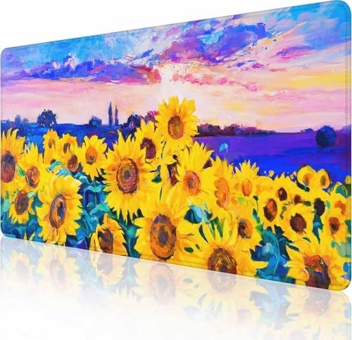 Gaming Mouse Pad XXL XL Large Mouse Pad Mat Long Extended Mousepad Desk Pad Non-Slip Rubber Mouse Pads Stitched Edges Thin Pad (35.4x15.7 Inch)-Oil Painting of Sunflowers
