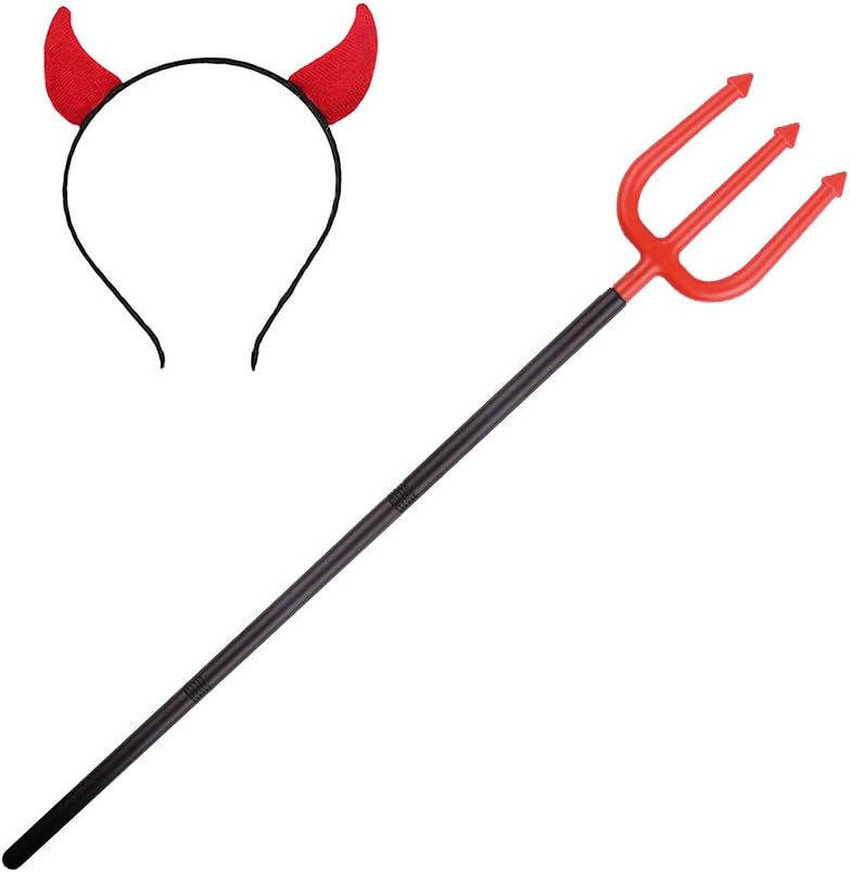 ferytyj Red Devil's Pitchfork with Handle and Devil's Horns Headband for Holiday Costume Party Trident Fork Weapon Prop Cosplay Costume Novelty decor : Clothing, Shoes & Jewelry