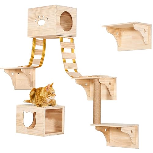 Juego de 9 escaladores de madera para pared, 2 condominios para gatos, 4 estantes, 2 escaleras y 1 poste rascador de sisal para gatos, percha y cama