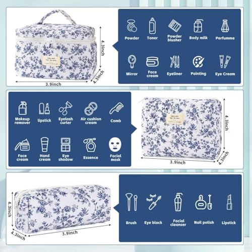 3Pcs Makeup Bag Cute Cosmetic Bags for Women, Large Capacity Travel Quilted Makeup Bag Set,Cotton Floral Makeup Pouch, Coquette Puffy Toiletry Bag,Attractive Quilted Pouch4