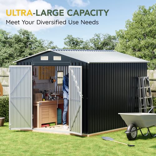 Image of Upgrade 10x8FT Outdoor Metal Storage Shed with Double Swing Doors,Clear Windows, Tool Shed for Garden, Patio, Backyard