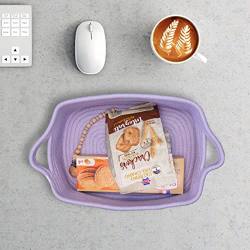 Image of XUANGUO Medium Woven Cotton Rope Storage Basket with Handles, Light Purple | Small decorative rectangle storage bin for baby nursery items and cat toys; ideal as an empty gift basket or dog toy basket
