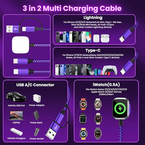 Image of Travel Essentials 3in2 Multi Charging Cable for iPhone Watch Charger,USB A /C to Type C /IP /iWatch Charger,Travel Chargers for Multiple Devices Compatible with iWatch Series&iPhone 16-12（2PACK,5FT）