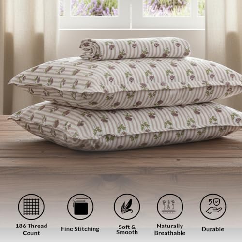 Image of HOMEMONDE Cotton Fitted Sheet Floral Printed Single Size Elastic Fitted Bedsheet with One Pillow Covers |186 TC | (72 X 36 Inches, Peach) | Perfect for Home Decor & Gifting