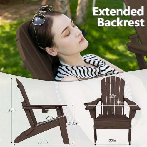 Image of Plawdlik Folding Adirondack Chair Set of 2, Cup Holder,Wooden Textured ,Heavy All-Weather HDPE Comfortable Set Poolside Backyard Lawn Coffee