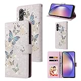 UEEBAI Wallet Case for Samsung Galaxy S24 5G, PU Leather Phone Case Kickstand RFID Blocking Flip Case Card Slots Wrist Strap Relief Engraved Pattern Magnetic Closure Folio Case - Blue Butterfly