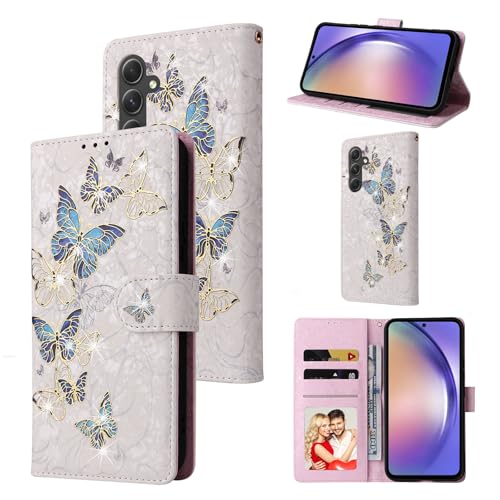 UEEBAI Wallet Case for Samsung Galaxy S24 FE 5G, Leather Phone Case Kickstand RFID Blocking Flip Case Card Slots Wrist Strap Relief Engraved Pattern Magnetic Closure Flower Folio Case, Blue Butterfly