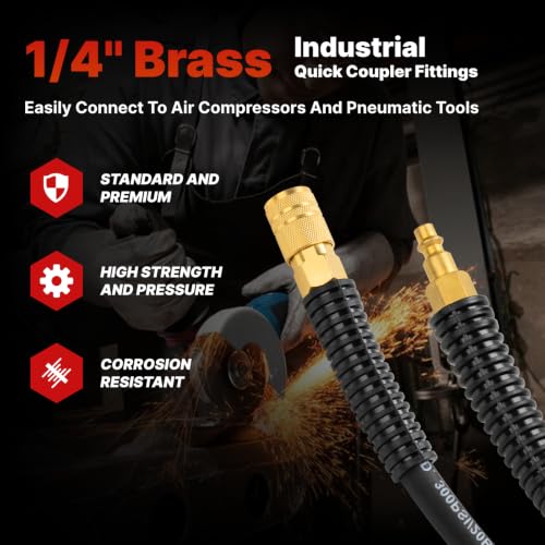 Hybrid Air Hose, 3/8-Inch by 50 Feet Air compressor Hose,Heavy Duty, Lightweight, Kink Resistant, All-Weather Flexibility with 1/4" Industrial Quick Coupler Fittings, Bend Restrictors,300PSI,Black by Txecpro - Used condition - Image 3