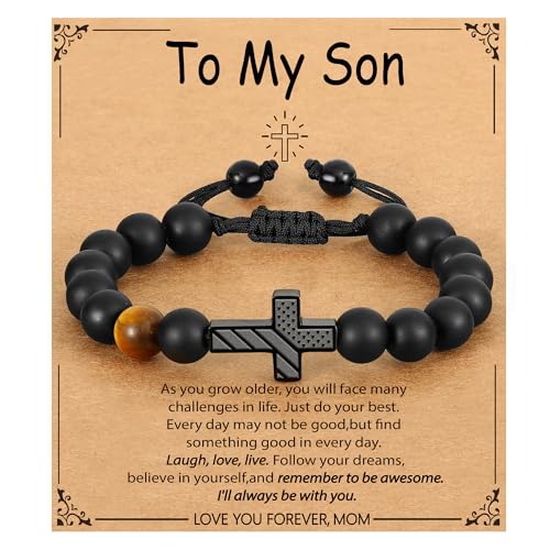 Image of P. BLAKE Cross Bracelet for Boys Men, American Flag Cross Natural Beads Bracelet Christian Religious Birthday Jewelry Gifts for Teen Boys