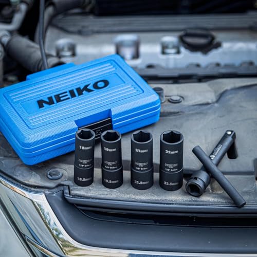 Image of NEIKO 02290B Lug Nut Socket Set, 1 /2 inch Impact Thin Wall Flip Socket Set, Half Size Wheel Socket Set, Metric 6 Point, 5 inch Extension Bar & Knockout Bar, 18.5mm, 19.5mm, 21.5mm, and 22.5mm