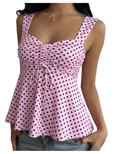 Milumia Women's Polka Dots Tie Front Tank Tops Y2k Drawstring Ruched Sexy Going Out Top Pink and Black Small
