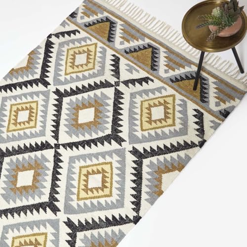 Homescapes Kelim-Teppich Agra, handgewebt aus Wolle/Baumwolle, 120 x 170 cm, bunter Wollteppich/Baumwollteppich mit geometrischem Muster und Fransen, Gold-grau-schwarz