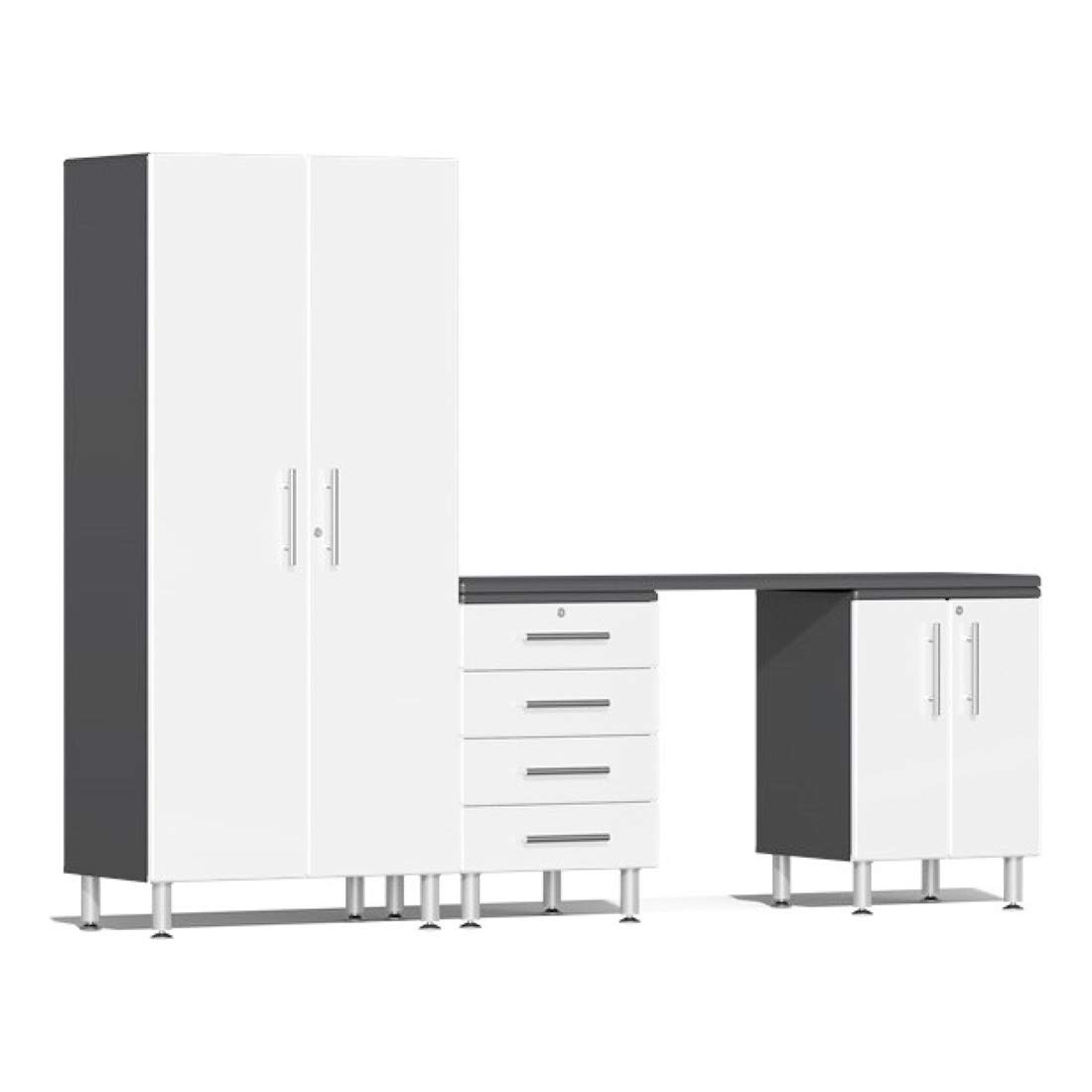 Ulti-Mate UG25041W 4-Piece Garage Cabinet Kit with Channeled Worktop in Starfire White Metallic,grey