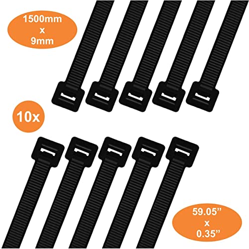 Intervisio Heavy Duty 59 Inch Cable Zip Ties, Strong Extra Large Zip Tie Set, Indoor And Outdoor, Reliable Long Cord Tie Wraps, 0.36 Inch Wide, Industrial Wire Straps, Uv Resistant, Black, 10 Pieces #TOP3