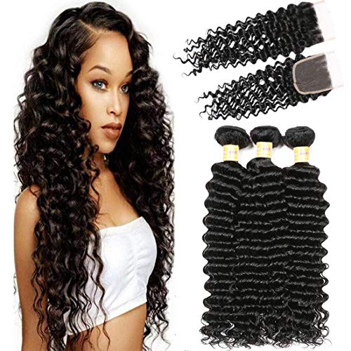 Brazilian Deep Wave Human Hair 3 Bundles With Closure 14 16 18+12 Virgin Hair Weave With Lace Closure Free Part Natural Black