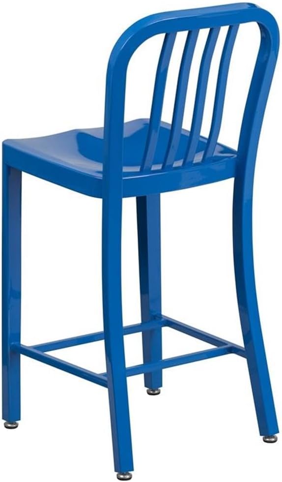 BOWERY HILL 24" Metal Counter Stool, Vertical Slat Back, Blue Powder Coat Finish, Galvanized Steel, Ergonomic Contoured Seat, Indoor/Outdoor Use, Adjustable Screw Leveling Glides, Dining Room or