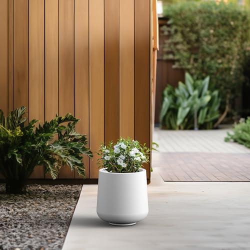 Image of Kante Accent Round Curved White Concrete Planter 13 inch Dia, Outdoor | Rubber Plug for Indoor, Drainage for Garden, All-Weather Cement Flower Pot, Handcrafted, Anti-Frost & UV, Modern Home Decor