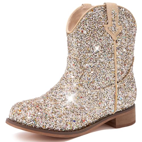 Image of Motasha Toddler Girls Cowgirl Boots Gold Cowboy Boot for Big Kids Cowgirl Boot Size 3 Horse Riding Shoes Birthday Party Wedding (M7111 Sequin Gold 3)