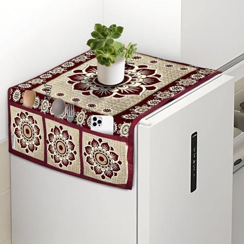 Image of Polyester Fridge 3-Layered Refrigerator Top Cover with 6 Side Pockets Dustproof Washable Kitchen Appliance Protector (Maroon, 39x21 Inch)