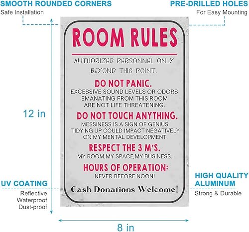 Vintage Metal Tin Sign Funny Sarcastic Party Wall Art Decor Signs Funny Room Rules Sign, Preppy Aesthetic Wall Decor, Suitable for Bedroom, Bathroom, Dorm, 8x12 Inch Metal Plaque, Perfect Birthday and Holiday Gift