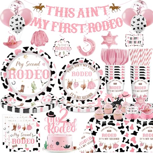 213Pcs 2nd Rodeo Birthday Decorations Girl Serves 25 Guests, This Ain't My First Rodeo It's My Second Decorations Including Balloons, Banner, Plates, Cake Topper and Tablecloth Etc