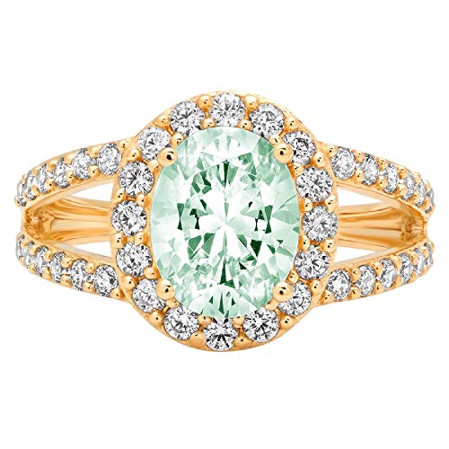 2.21ct Oval Cut Solitaire Halo split shank Light Sea Green Simulated Diamond CZ VVS1 Designer Modern Statement Ring Solid 14k Yellow Gold, Size 10 Clara Pucci